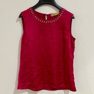 Nipon Boutique Red Sleeveless Blouse with Beaded Embellished Neckline